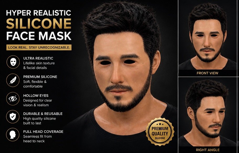 VENTAMASK Hyper-Realistic Full Head Silicone Face Mask with Hollow Eyes & Beard – Premium Reusable Cosplay Mask