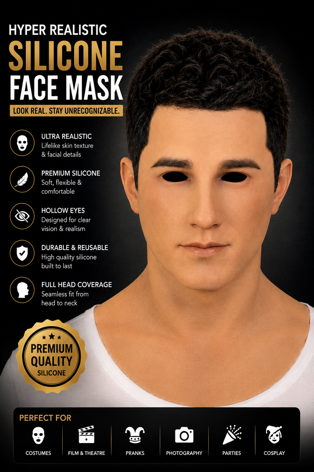 VENTAMASK Hyper Realistic Silicone Face Mask – Full Head Mask with Hollow Eyes, Natural Hairline & Skin Texture